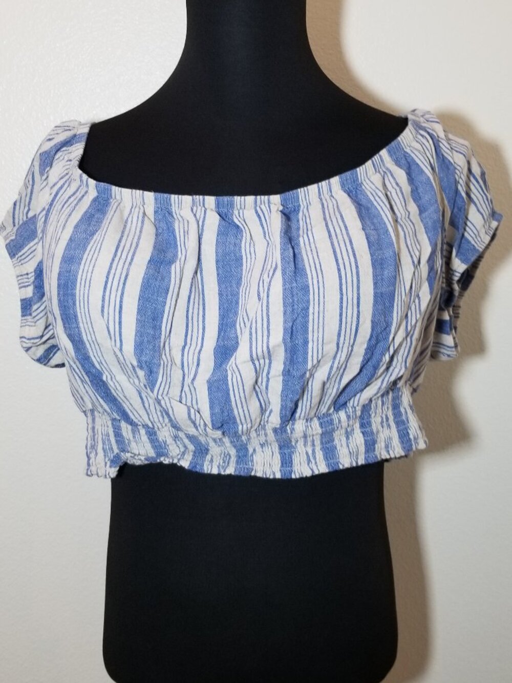 Torrid Womens Sz 3 Blue Striped Linen Blend Off Shoulder Crop Top Boho Coastal